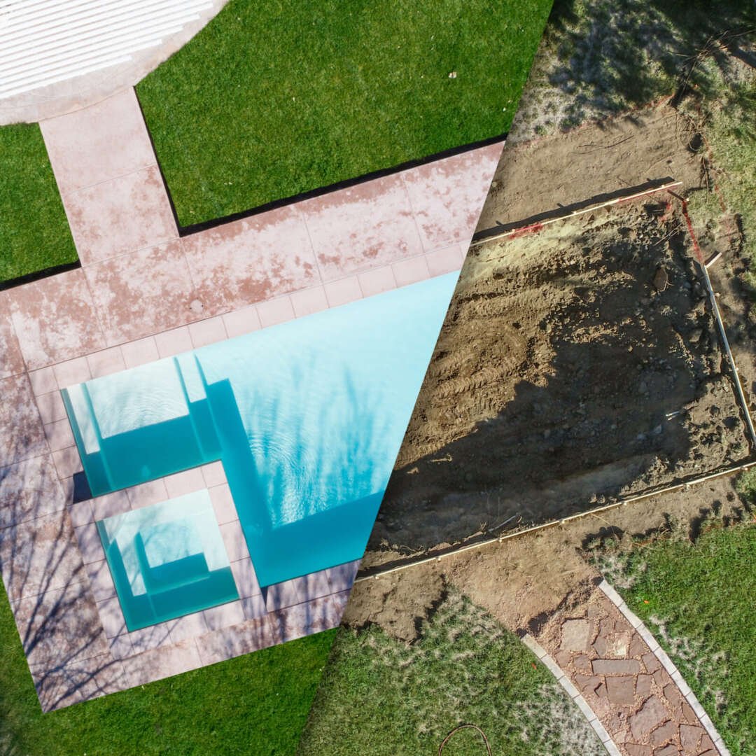 Aerial of Before and After Pool Build Construction Site.